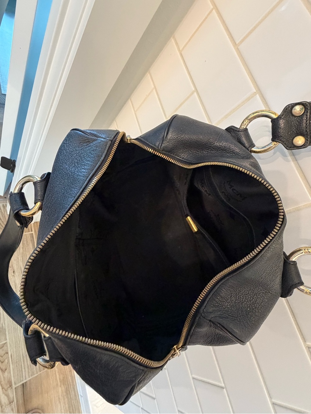 MCM Black Leather Satchel with Gold Plaque and Hardware - Picture 6 of 7